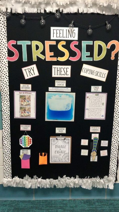 Bulletin Board School Counselor, Tactile Bulletin Board Ideas, Self Regulation Bulletin Board Ideas, Staff Interactive Bulletin Board, Social Work Bulletin Board, Coping Skills Bulletin Board, Emotions Bulletin Board, Interactive Bulletin Boards Work, Bulletin Board Interactive