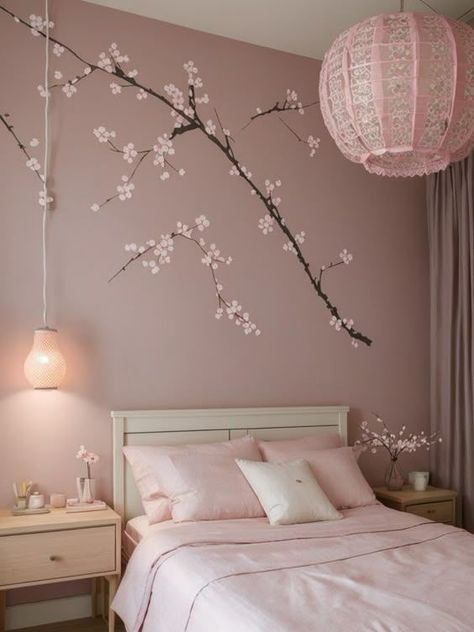 Peach Pink Room Decor, Japanese Cherry Blossom Room Decor, Sakura Room Aesthetic, Cherry Blossom Room Ideas, Cherry Blossom Themed Room, Asian Theme Bedroom, Cherry Blossom Wall Decor, Cherry Blossom Themed Bedroom, Cherry Blossom Room Aesthetic