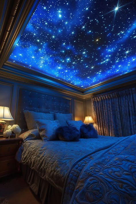 29 Romantic Bedroom Ideas 5 Starry Bedroom Ceiling, Acotar Bedroom Ideas, Fabric Ceiling Ideas Bedroom, Cozy Bedroom Aesthetic Night, Sky Ceiling Bedroom, Star Ceiling Bedroom, Star Bedroom Aesthetic, Ravenclaw Inspired Bedroom, Star Themed Room