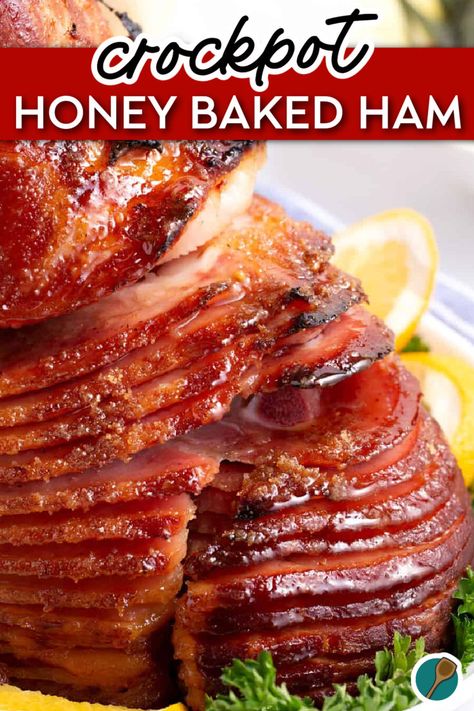 A close-up image of a honey glazed ham, showing caramelized edges and spiral-cut slices, perfect for a holiday meal made easily in the crockpot. Glazed Baked Ham, Baked Ham Recipe, Honey Baked Ham Recipe, Ham Recipes Baked, Fancy Store, Honey Glazed Ham, Crockpot Ham, Honey Ham, Honey Baked Ham