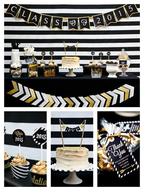 Black and Gold Graduation Party - Pretty My Party Graduation Party Black And Gold, Black And White Graduation Party, Black And Gold Graduation Party, Black And Gold Graduation, High School Graduation Party Decorations, College Grad Party, Gold Graduation Party, Graduation Open Houses, College Graduation Parties