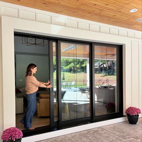 Exterior Slider Door Ideas, Sliding Patio Doors Kitchen, Sliding Glass Door With Windows On Side, Triple Slider Door, Sliding Door Living Room Ideas, Sliding Glass Doors Patio Sliders, Backyard Sliding Doors, Back Sliding Door Ideas, Sliding Back Door Ideas Patio