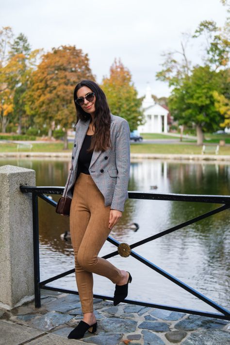 Black Suede Pants Outfit, Faux Suede Leggings Outfit, Suede Pants Outfit, Cute Outfits For Work, Outfits For Teachers, White Chiffon Blouse, Fall Style Inspiration, Light Grey Sweater, Simple Fall Outfits