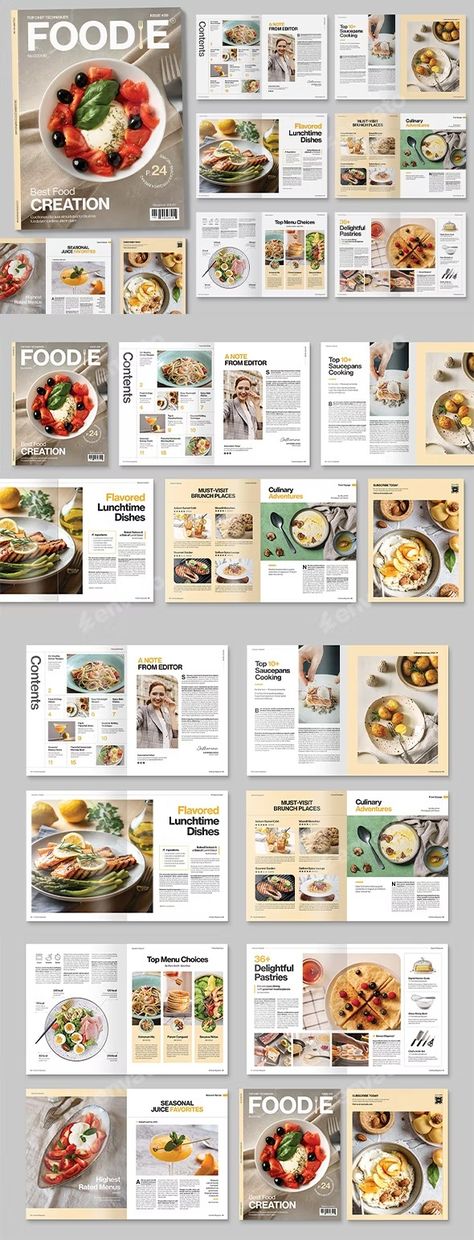 Food & Cooking Magazine Template, Print Templates | GraphicRiver Cafe Magazine Layout, Magazine Layout Design Templates, Food Magazine Layout Design, Food Magazine Design, Food Magazine Cover, Food Zine, Cafe Magazine, Food Magazine Layout, Newsletter Design Layout