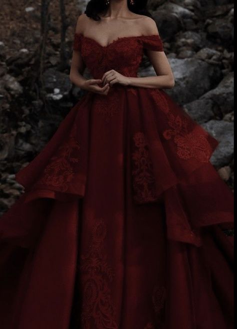 Scarlet Dress Red Gowns, Red Ballroom Dress Ball Gowns, Maroon Dresses Aesthetic, Red Elegant Wedding Dress, Dark Princess Aesthetic Dress, Red Queen Dress Aesthetic, Dark Ballgown Aesthetic, Red Ballgown Aesthetic Princess, Red Dress Yule Ball