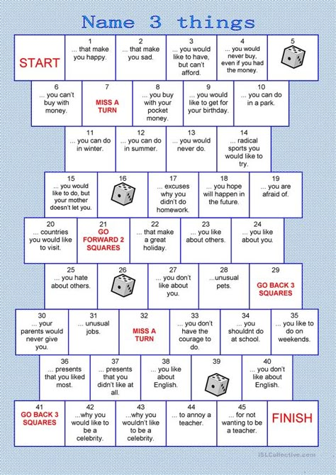 Board game - name 3 things - English ESL Worksheets for distance learning and physical classrooms Grammar Games, English Games, Speaking Activities, English Activities, Ice Breakers, Game Board, School Counseling, Therapy Activities, English Lessons