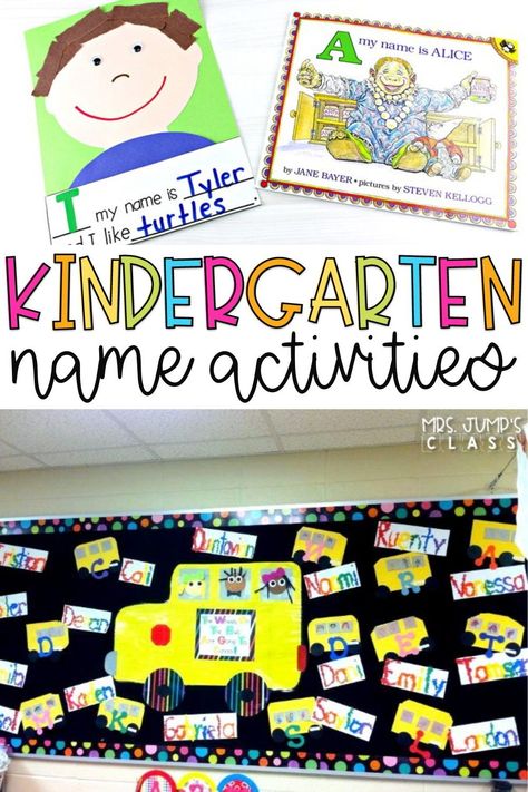 Kindergarten name activities are such a fun and hands on way to engage your students at the beginning of the year. Not only can students practice name recognition, but these activities also pair perfectly with kindergarten read alouds like "Chicka Chicka Boom Boom" and "A My Name is Alice". Name Recognition Kindergarten, A My Name Is Alice Activities First Week, Name Study Kindergarten, Name Art For Kindergarteners, Name Craft Kindergarten Back To School, Name Projects Kindergarten, Kindergarten Start Of Year, Beginning Of The Year Preschool Crafts, Preschool Start Of Year Activities