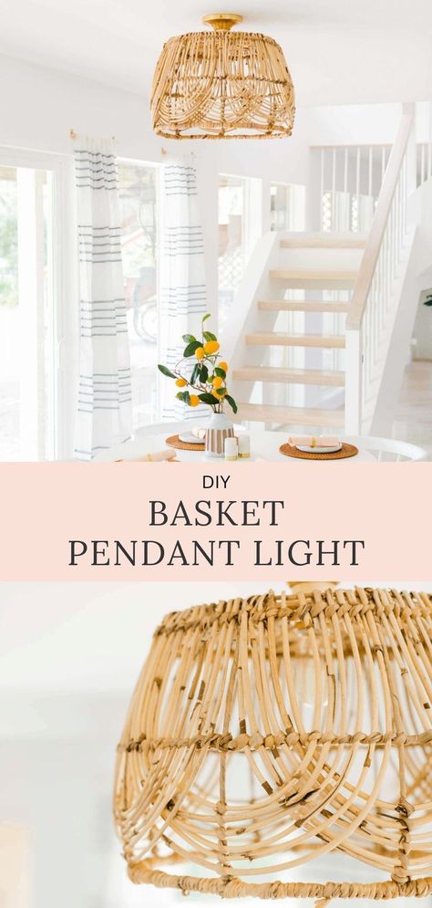 DIY Basket Pendant Light — On the hunt for an easy DIY pendant light to make? I’m sharing how to make a basket light fixture. And it’s so simple! Diy Basket Pendant Light, Basket Light Fixture, Basket Pendant Light, Make A Basket, Basket Light, Basket Pendant, Diy Furniture Building, Living Room Blanket, Simple Delicious Recipes