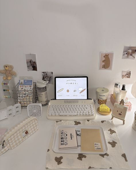 Sweet milktea vibes 🧋🧸☁️ #deskgram #deskaesthetic #milktea #unilife #studentlife #study Aesthetic White Desk, Writing Setup, Study Table Aesthetic, French Style Desk, Vintage Study, Study Desk Organization, Typewriter Keyboard, Small Room Makeover, Table Aesthetic