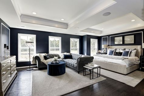 Great Master Bedroom w/sitting area.  Wonderful blue paint and white ceiling. lots of windows. I like the white trim defining the bed placement. Bedroom Layout With Couch, Huge Bedroom Luxury, Best Bedroom Layout, Large Bedroom Layout, Luxury Master Suite, Mansion Bedroom, Huge Bedrooms, Bedroom Seating Area, Bedroom With Sitting Area