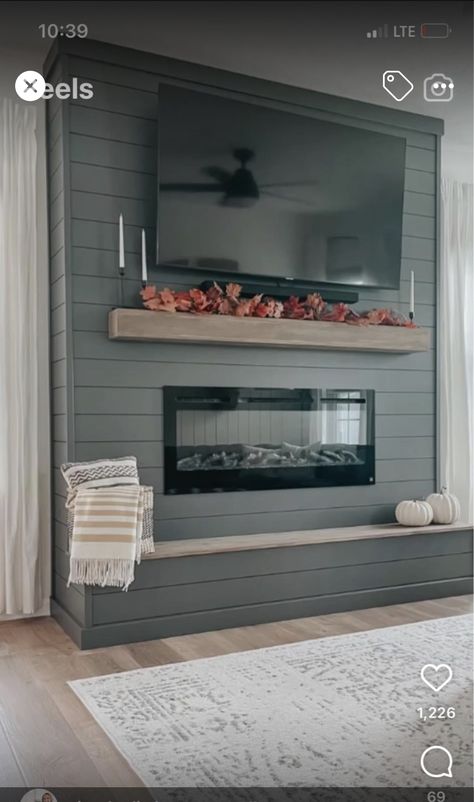 Faux Fireplace Tv, Tv Faux Fireplace Wall Ideas, Farmhouse Fireplace Accent Wall, Electric Fireplace Paneling Wall, Inset Fireplace And Tv, How To Build Fireplace Tv Wall Modern, Faux Fireplace Shiplap, Grey Shiplap Fireplace Wall, Finished Fireplace Ideas