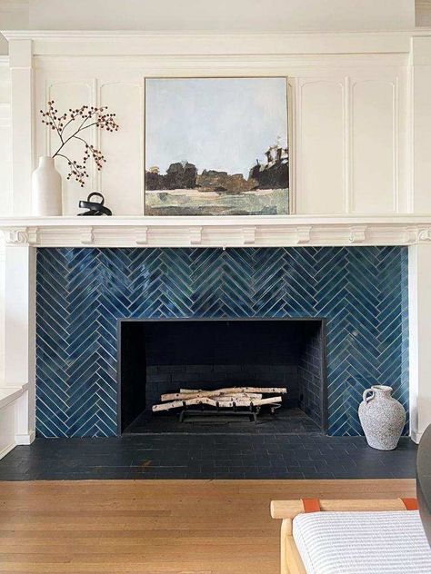 Navy Fireplace, Fireplace Hearth Ideas, Tile Around Fireplace, Herringbone Fireplace, Fireplace Hearth Tiles, Hearth Ideas, Mosaic Fireplace, Fireplace Accent Walls, Hearth Tiles