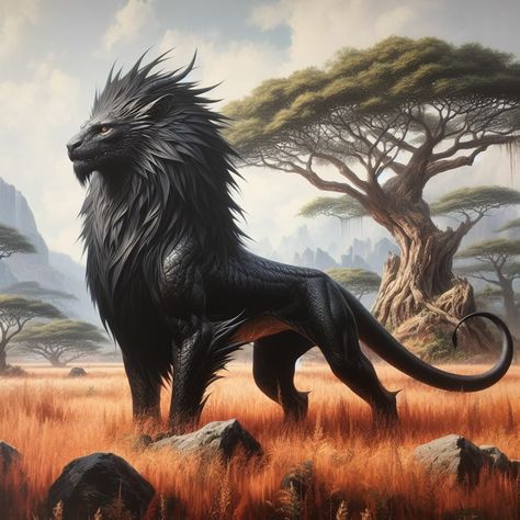 Tattoo Animal, Mythical Creatures Fantasy, Mystical Animals, Beast Creature, Black Lion, Creature Artwork, Mythical Animal, Fantasy Beasts, Monster Concept Art