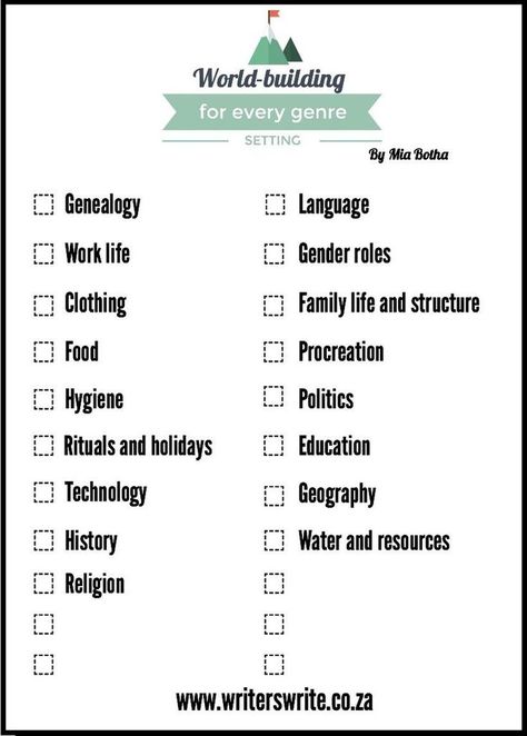 Last week I discussed the importance of setting and what we can learn from sci-fi and fantasy writers about world-building. By following their guidelines, we can strengthen our setting and make our... World Building Template, Building Template, Writing Organization, Fantasy Writing, Fantasy Writer, Writing Fantasy, Creative Writing Tips, Writing Things, Writing Characters