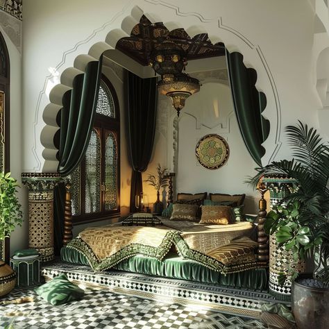 Who’s green with envy over this stunning Marrakech oasis?? 🙋🏻‍♀️ This estate exudes traditional Moroccan design with vibrant colors, intricate patterns, and rich textures. I especially love the use of arabesque motifs and arches in the doorways and openings. There’s just something about this style that invites you to come in and stay awhile….do you agree? Let me know your thoughts below!!👇 Conceptualized by @homescapedofficial ai . . . #marrakech #morocco🇲🇦 #moroccotravel #zelligetile #gr... Marrakech Home Decor, Morocco Style Interior, Traditional Interior Style, Pattern Interior, Moorish Interior Design, Rich Rich, Morrocan Decor Bedroom, Morocon Designs, Rich Interior