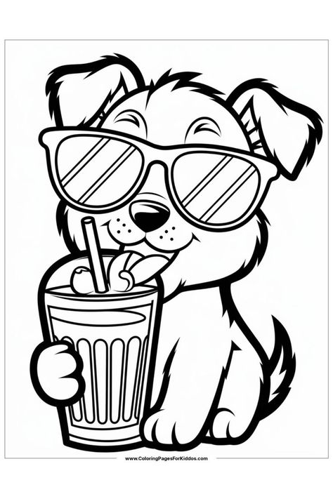 A cheerful dog with sunglasses sipping a refreshing drink through a straw. Free Animal Coloring Pages Printables, Dog Coloring Sheet, Cute Puppy Coloring Pages, Dog Coloring Pages Free Printable, Cute Dog Coloring Pages, Kawaii Puppy, Dog With Sunglasses, Puppy Coloring Pages, Printable Dog