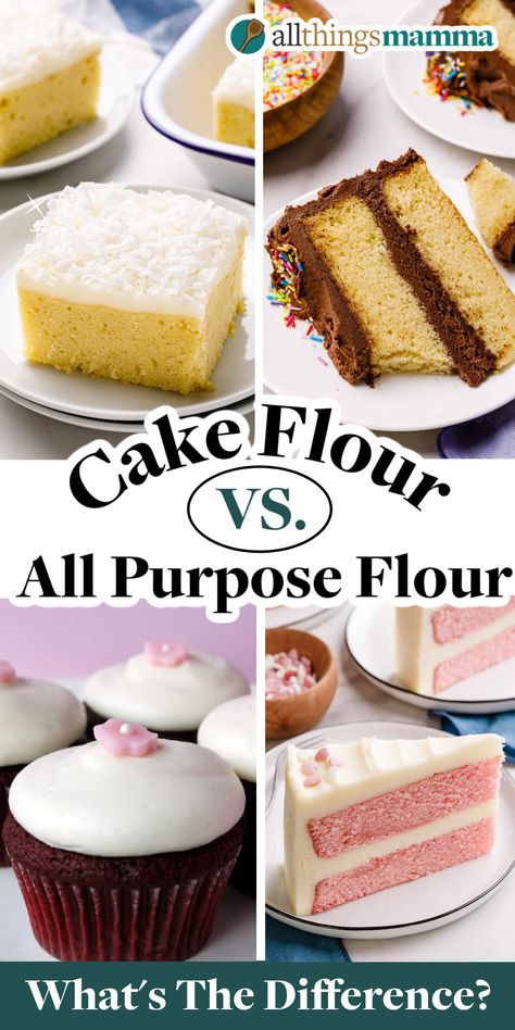 4-image collage showing four different types of cake recipes. Things To Make With Cake Flour, What To Make With Cake Flour, What To Make With All Purpose Flour, How To Make Cake Flour From All Purpose, Cake Flour Vs All Purpose Flour, Cake And Pastry Flour Recipes, How To Make Cake Flour, What To Make With Flour, Recipe With Cake Flour