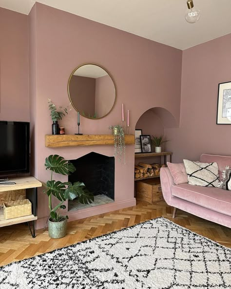 Dark Pink Living Room Walls, Pink Painted Living Room, Pink Walls Green Curtains, Curtains For Pink Walls Living Rooms, Powder Pink Living Room, Pink Country Living Room, Coloured Wall Living Room, Pink Front Room Ideas, Rose Colored Living Room