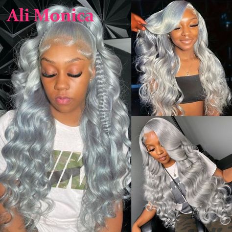 210 Density Silver Grey Colored Lace Wig Body Wave 13x6 Lace Frontal Wigs for Women Human Hair Platinum Silver Wig, Birthday Color Wigs For Black Women, Birthday Hairstyles For Black Women Lace Front Wigs Color, 30 Inch Body Wave Wig Hairstyles, Gray Wig Hairstyles, Hair Styles For Wigs Black Women, Sliver Wigs, Silver Skunk Stripe Hair, Silver Wig On Dark Skin