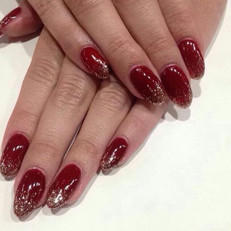 Dark Red Nails With Design Glitter, Bridal Red Nails, Deep Red Almond Nails, Red And Glitter Nails, Red Nails Sparkle, Red Glittery Nails, Deep Red Nails Designs, Red Almond Nails, Red And Silver Nails