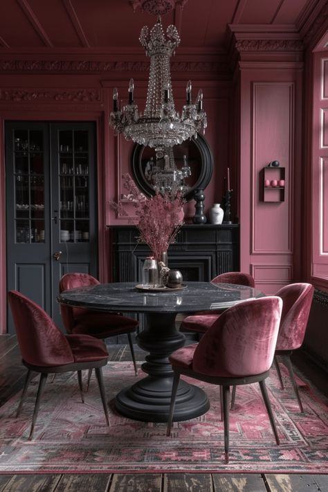 mauve dining room with mauve velvet chairs around a black round table Mauve Living Room, Color Drenching, Dark Home Decor, Dining Room Light Fixtures, Goth Home Decor, Elegant Dining Room, Style Deco, Decoration Inspiration, Home Trends