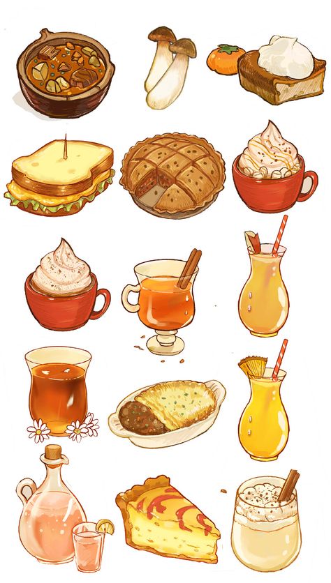 Food Design Drawing, Anime Food Painting, Food Art Digital, Cute Illustration Food, Food Art Sketch, Food 2 Draw, Food Drawing Wallpaper, Cute Food Art Wallpaper, How To Draw Anime Food