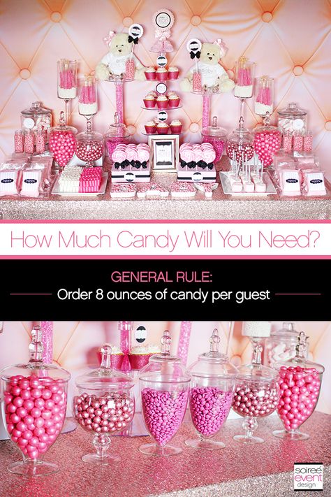 Learn how to set up a candy buffet step-by-step! AND...ever wonder how much a candy buffet really costs? Find out here. #candybuffet #soireeeventdesign #desserttables #babyshowers #candybar #candytable How To Set Up A Candy Table, Pink Candy Station, Candy And Cake Table Ideas, Candy Table Set Up Ideas, Sweets Table Set Up Ideas, Candy Bar Table Ideas Birthday, Sweet 16 Candy Table Ideas, Pink Candy Buffet Birthday, Pink Candy Table Sweet 16