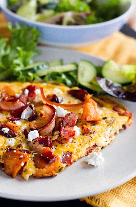 Sweet and salty come together in this delicious and nutritious Sweet Potato Omelette With Crispy Bacon & Goat's Cheese. It's gluten-free, full of nutrients and can be made vegetarian or dairy-free. #omelette #glutenfree #sweetpotatoes #bacon #breakfast Sweet Potato Omelette, Gourmet Omelette Recipe, Mushroom Goat Cheese Omelette, Bacon Potato Frittata, Goat Cheese Omelette, Bacon Cheese Potatoes, Sweet Potato Bacon, Cheese Omelette, Grain Free Breakfast