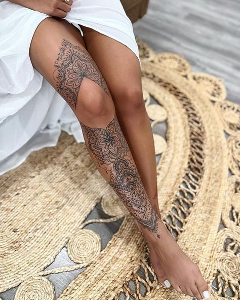 Mandala Tattoo Leg, Tattoo Bein Frau, Mandala Thigh Tattoo, Shin Tattoo, Full Leg Tattoos, Boho Tattoos, Hip Tattoos Women, Tattoos For Black Skin, Leg Tattoos Women