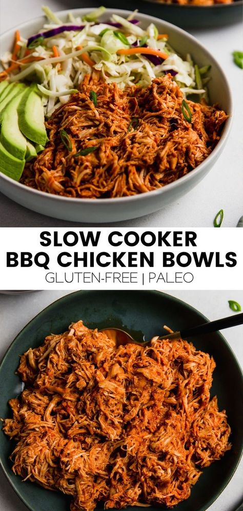 These shredded BBQ chicken bowls let the slow cooker do the heavy lifting and are made with easy no-cook sides! They’re paleo, gluten-free, and can be made AIP. Shredded Bbq Chicken Bowl, Paleo Bbq Chicken Bowls, Crockpot Meals Dairy Free Gluten Free, Healthy Shredded Bbq Chicken Crockpot, Healthy Shredded Chicken Recipes Crockpot, Bbq Chicken Crockpot Healthy, Bbq Chicken Bowls Whole 30, Slow Cooker Shredded Bbq Chicken, Whole 30 Recipes Slow Cooker