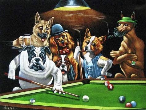 Dogs Playing Pool, Dogs Playing Poker, Velvet Art, Playing Pool, Painting Dogs, Arcade Room, Dogs Playing, Pool Art, Billiards Pool