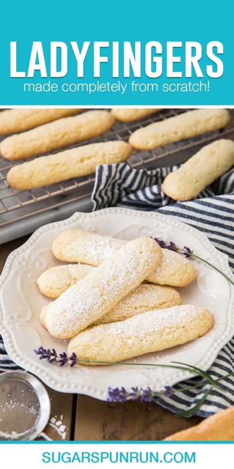 This recipe for ladyfingers (also known as Savoiardi) is so simple and fast and easily made with ingredients you probably already have! Sponge Fingers Recipe, Almond Fingers Recipe, Sponge Cookies, Savoiardi Recipe, Lady Fingers Dessert, Homemade Ladyfingers, Lady Fingers Recipe, Lady Finger Cookies, Shaped Cookies