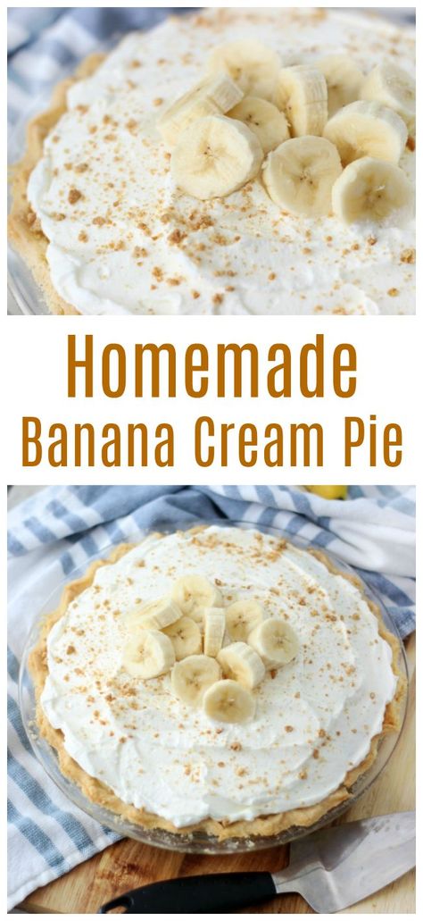 Banana cream pie is a classic dessert. Made with homemade custard and fresh bananas in a pre-baked buttermilk crust. I'll show you how to make banana cream pie the old fashioned way! Banana Pies Recipes, Banana Cream Hand Pies, Southern Banana Cream Pie, Old Fashion Banana Cream Pie Recipe, Pie Banana Cream, Banana Cream Pie For Two, Banana Cream Pie Recipe With Meringue, Bababa Cream Pie, Healthy Banana Pie