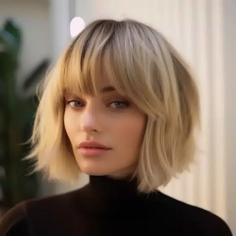 Short Bob With Full Fringe, Lob With Bangs Square Face, Full Fringe Bob, Blonde Choppy Bob With Fringe, Full Bangs Short Hair, Choppy Pixie Cut With Bangs, Soft Fringe Bangs, Short Hair Low Taper, Blonde Hair Shoulder Length