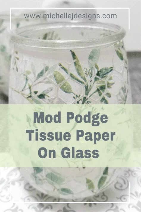 I love to transform glass items with paint and other mediums. This tissue paper craft is fun and easy and really inexpensive! #dollartreecrafts #glasscrafts Diy Crafts With Jars Ideas, Modge Podge Tissue Paper Jars, Mod Podge Mason Jars Diy, Repurpose Glass Jars Diy Projects, Diy Glass Jar Decor, Projects With Glass Jars, How To Use Mod Podge On Glass Mason Jars, How To Modge Podge On Glass Jars, Tissue Paper Jars