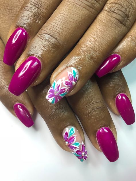 #purplenails Vacation Nail Designs, Tropical Nail Designs, Purple Gel Nails, Nailart Ideas, Nail Designs Colors, Florida Nails, Lilly Flower, Tropical Nails, Glamour Nails