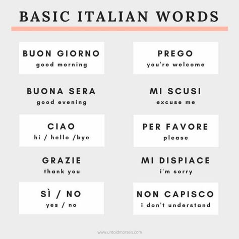 Italy Quotes, Words In Different Languages, Italian Learning, Basic Italian, Learn To Speak Italian, Travel Phrases, Italy Trip Planning, Speak Italian, Italian Vocabulary