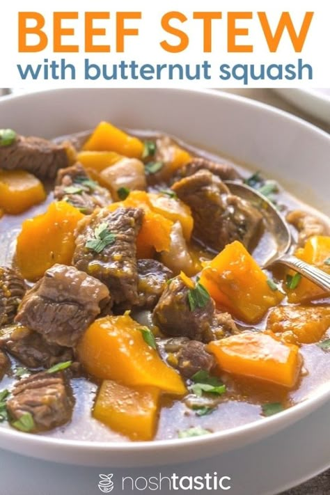 Beef and Butternut Squash Stew! It's Paleo, Whole30, Gluten Free, Can be made in a slow cooker or crockpot www.noshtastic.com #paleo #whole30 #cleaneating #beefstew #glutenfreestew #paleostew #whole30stew #noshtastic Beef And Butternut Squash, Paleo Recipes Lunch, Paleo Beef Recipes, Squash Stew, Paleo Slow Cooker Recipes, Healthy Squash Recipes, Butternut Squash Stew, Paleo Crockpot Recipes, Meat And Veggies