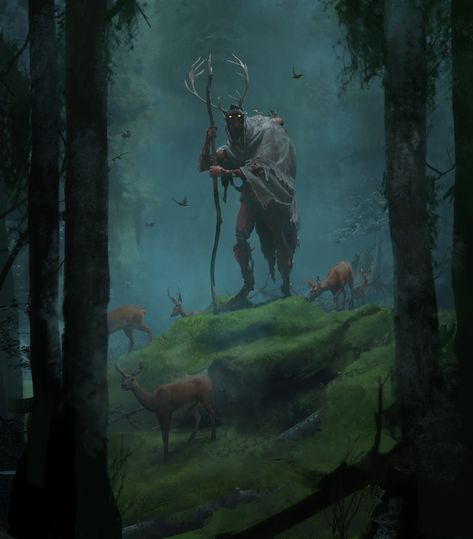 Myriam Tillson Art, Forest God Art, Dark Druid Aesthetic, Fantasy Beasts Mythical Creatures, Druid Necromancer, Druid Aesthetic, Forest Character, Fantasy Woodland, Forest God