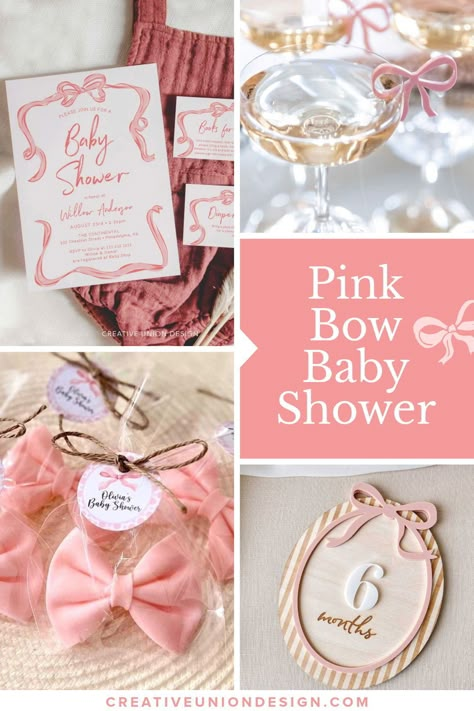 The pink bow baby shower theme is a charming and classic choice for celebrating the imminent arrival of a little one. Soft hues of pink combined with delicate bow accents create an elegant and sweet atmosphere for the occasion. Shop invitations, enclosure cards, signs, favors, balloon garland, decorations, gift ideas and more! Hand draw pink bow and ribbon designed invitations on Etsy or Zazzle Ribbons And Bows Baby Shower Theme, Bow Theme Baby Shower Ideas, Pink Bow Theme Baby Shower Ideas, Pretty In Pink Baby Shower, Pink Bows Baby Shower Theme, Baby Shower Bow Theme, Girly Baby Showers, Bow Baby Shower Theme, Bow Baby Shower Theme Girl