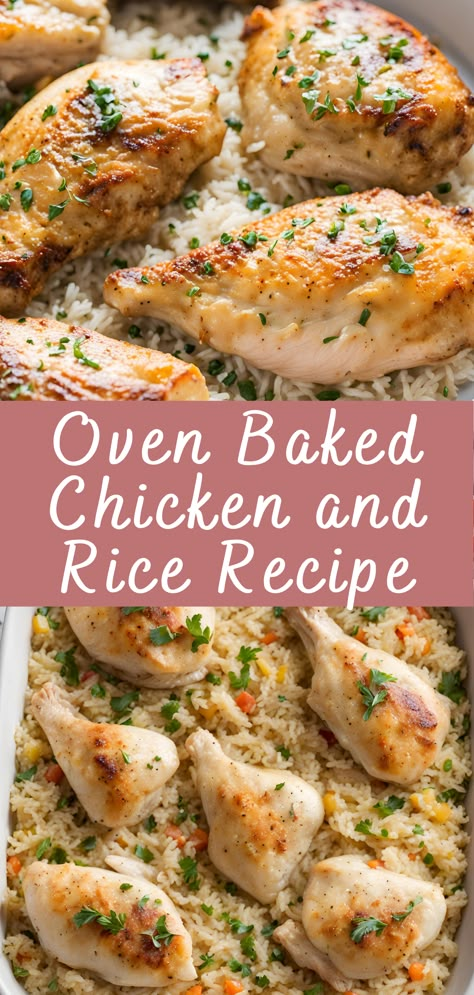 Oven Baked Chicken and Rice Recipe | Cheff Recipes One Pan Oven Chicken And Rice, Baked Chicken With Rice Recipes Ovens, One Pot Chicken Bake, Roast Chicken With Rice, Baked Chicken Over Rice, Baked Chicken Thigh And Rice Recipes, Chicken Legs In The Oven With Rice, Chicken Baked Dishes, Baked Chicken Rice And Veggies