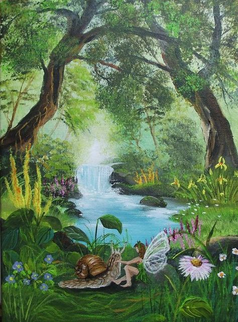 Painting Ideas On Canvas Fairycore, Fairies In Forest, Woodland Forest Painting, Fairy In Garden Drawing, Fairytale Forest Painting, Enchanted Forest Art Illustrations, Fairy Cottage Painting, Cute Fairy Garden Drawings, Fairytale Landscape Art