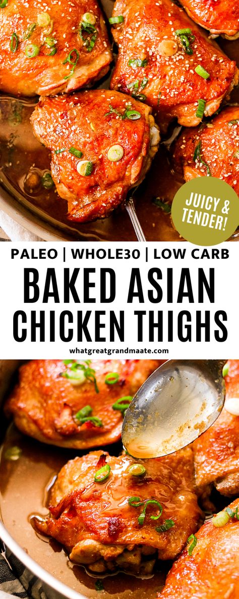 These juicy and tender oven baked Asian chicken thighs are paleo, Whole30, and soy free as well! They are easy to make and so flavorful, with a touch of natural sweetness from coconut aminos. #paleo #whole30 #lowcarb #chickenthighs #glutenfree #soyfree Whole30 Baked Chicken, Paleo Chicken Thighs, Asian Chicken Thighs, Chicken Thigh Recipes Oven, Coconut Aminos, Chicken Thigh Recipes Crockpot, Asian Chicken, Baked Chicken Thighs, Paleo Chicken