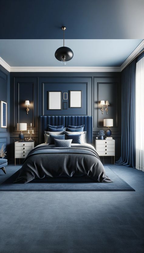 21 Navy Blue Bedroom Ideas to Transform Your Space: From Modern to Rustic 🌙✨ - Laugh Lore Blue Cozy Bedroom, Blue And Black Bedroom, Grey Bedroom Ideas For Men, Charleston Home Decor, Dark Blue Bedroom Ideas, Guys Apartment, Bedroom Inspirations For Small Rooms, Modern Grey Bedroom, Navy Accent Walls