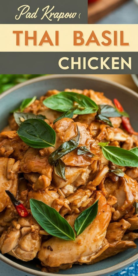 Pad Krapow (Thai Basil Chicken): a quick and flavorful stir-fry featuring tender chicken, garlic, chilies, and fragrant Thai basil. Perfect over rice! Thai Basil Chicken Noodles, Holy Basil Recipes, Krapow Thai, Thai Basil Chicken Recipe, Basil Chicken Recipe, Pad Krapow, Basil Fried Rice, Thai Basil Chicken, Chicken Garlic