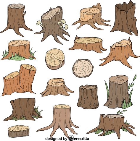 Set of Tree stump vector. Free download. | Creazilla Tree Stump Illustration Art, Tree Stump House Drawing, How To Draw Tree Stump, Cute Tree Stump Drawing, Cute Trees Drawing, Tree Stump Drawing Simple, Tree Stump With Mushrooms Drawing, Digital Tree Drawing, Tree Base Drawing