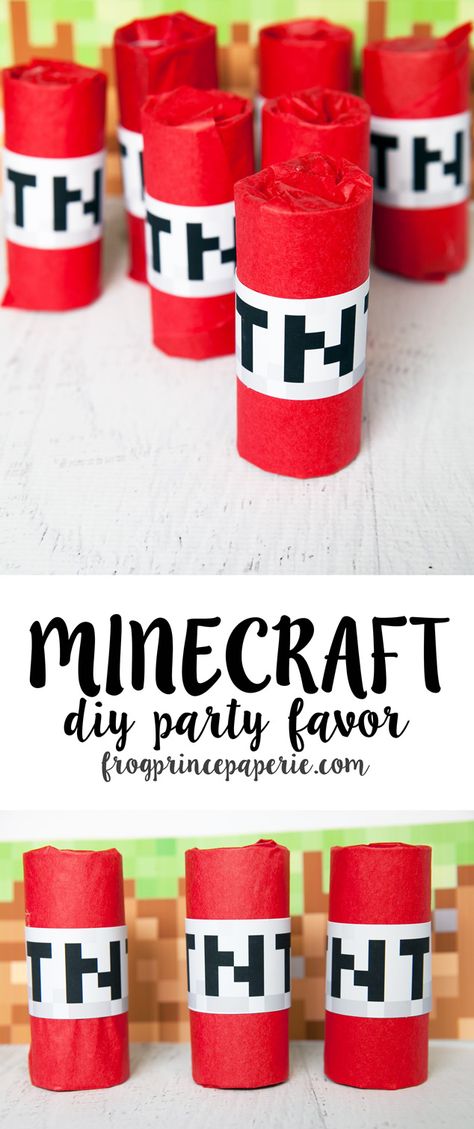 Minecraft Party Favor DIY – TNT! Use empty cardboard tubes, red tissue paper and a printable file to make Minecraft TNT treats. These are great as Minecraft party favors or to give to trick or treaters--it'll make your house the coolest one on the block! Minecraft Tnt Pool Noodle, Minecraft Tnt Printable Free, Minecraft Party Favor Ideas, Minecraft Treats, Minecraft Favors, Minecraft Tnt Block, Minecraft Party Invitations, Diy Kids Party Favors, Minecraft Party Games