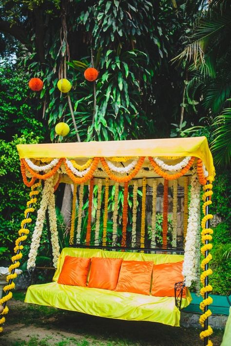 Photo of Floral swing with cushions for mehendi Indian Baby Showers, Outdoor Bridal Showers, Haldi Decoration, Mehendi Decor Ideas, Haldi Decor, Wedding Setup, Mehendi Decor, Marriage Decoration, Desi Wedding Decor