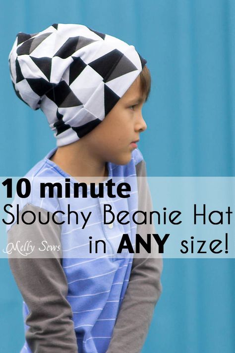 Sew a Beanie Hat - Make a slouchy hat in any size with this EASY tutorial - Melly Sews Easy Beanie Sewing Pattern, Fabric Beanie Pattern, Knit Fabric Beanie Pattern Free, Slouch Beanie Sewing Pattern, Beanie Diy Sew, How To Make Beanie Hats, Sewing Beanie Pattern, How To Make A Beanie Hat, Diy Slouchy Beanie