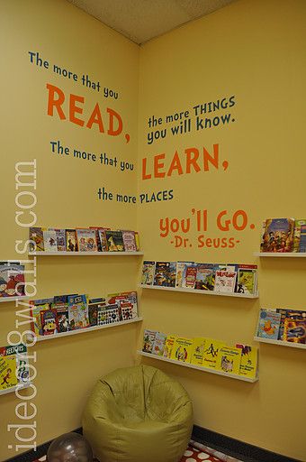 idecor8walls | Commercial Preschool Reading Corner, Reading Corner Classroom, Daycare Rooms, Seuss Classroom, Daycare Decor, Family Day Care, Preschool Rooms, Preschool Reading, Home Daycare